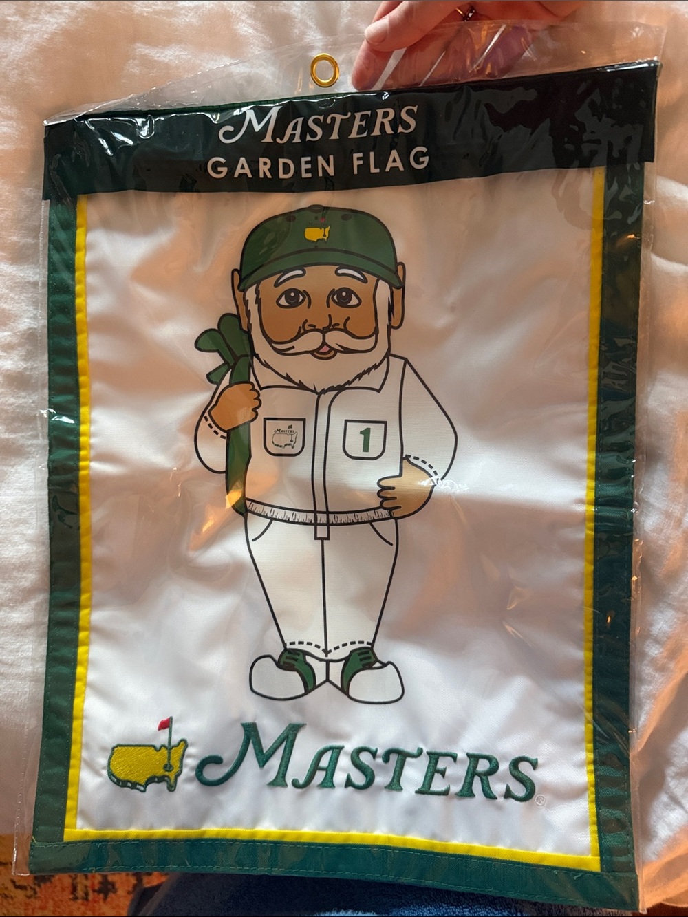Masters Garden Flag with Caddy Mascot - Green, Yellow, White